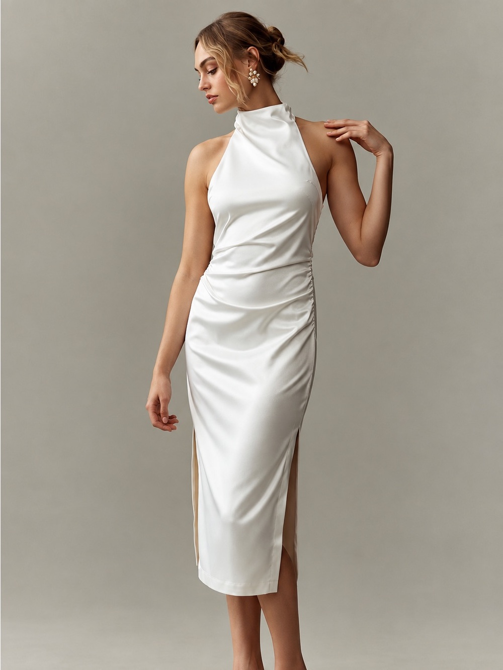 ANTHROPOLOGIE X BHLDN Halter Satin Column Midi Dress in Ivory